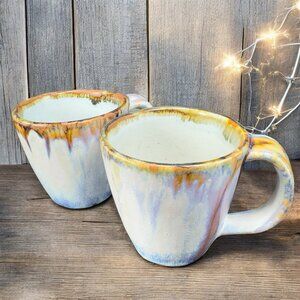 Ken Edwards Pottery Mexican Stoneware Pottery Coffee Mugs Cups Drip Glaze Set 2